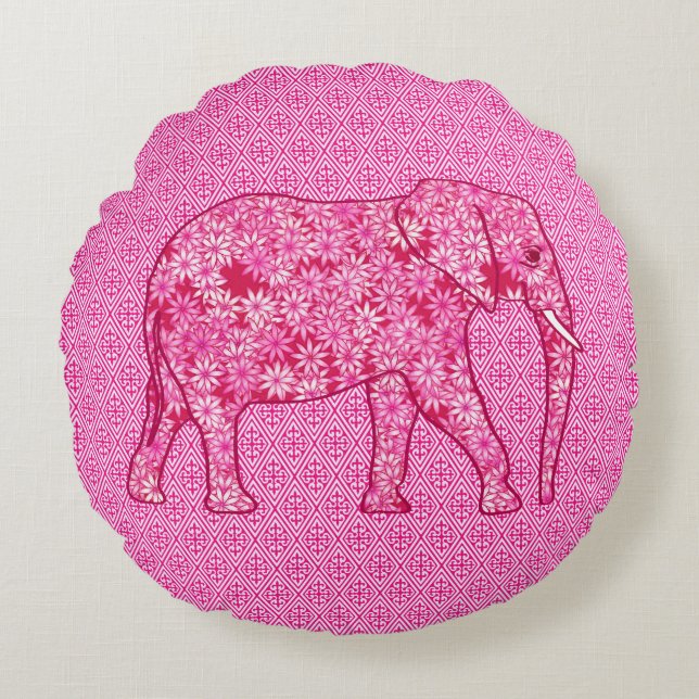 Flower elephant - fuchsia pink round pillow (Front)