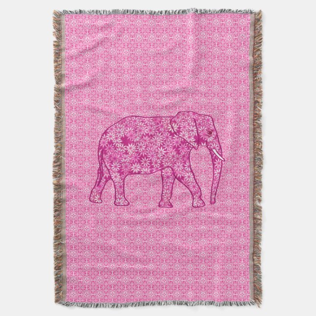 Flower elephant - fuchsia pink throw blanket (Front Vertical)