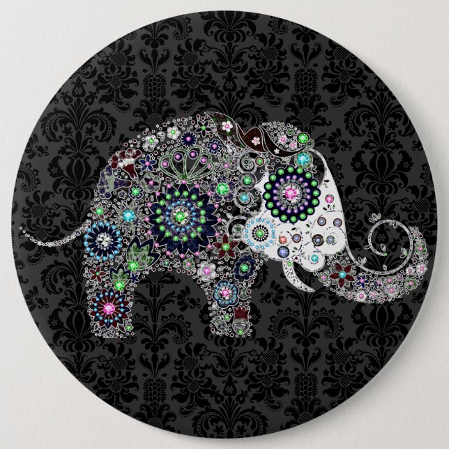 Flower Elephant With Colourful Diamond Studs 6 Inch Round Button (Front)