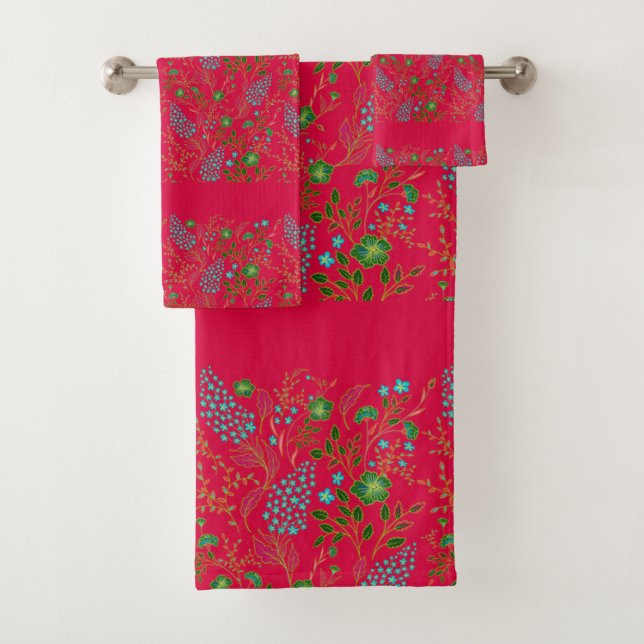 Flower Embroidery Pattern Showy Flowers Red Backgr Bath Towel Set (Insitu)