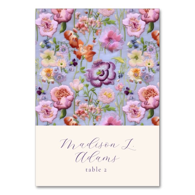 Flower Embroidery Wedding Foldable Name Place Card (Front)