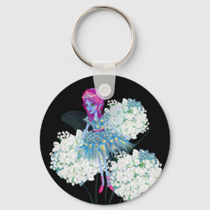 Flower Fairy Art by LeahG blue pink black white Keychain