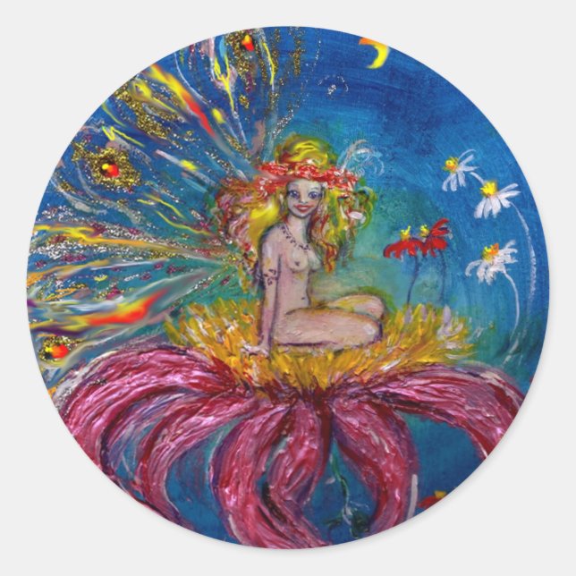 FLOWER FAIRY IN THE NIGHT Blue Fantasy Classic Round Sticker (Front)