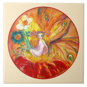 FLOWER FAIRY Red Yellow Floral Fantasy ivory Tile