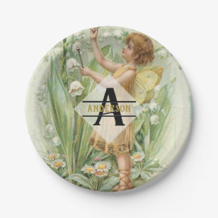 Flower Fairy Snowbells Vintage Art Monogram Named Paper Plate