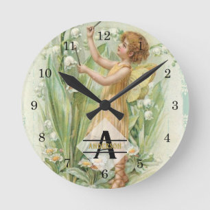 Flower Fairy Snowbells Vintage Art Monogram Named Round Clock