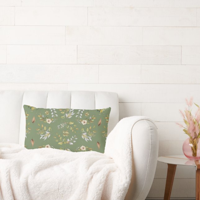 Flower Fall Seamless Cream, Sage, Khaki Green Lumbar Pillow (Couch)
