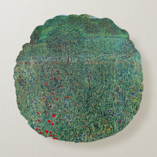 Flower Field in Litzlberg Klimt, Vintage Landscape Round Pillow
