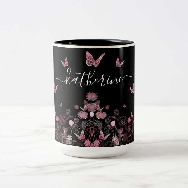 Flower field with butterflies Two-Tone coffee mug (Center)