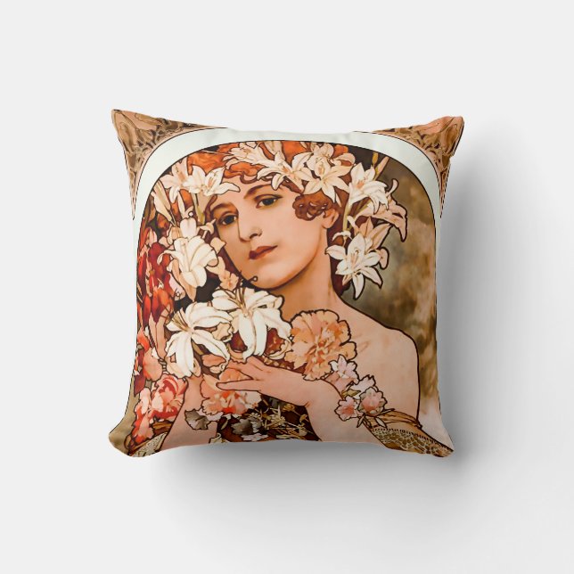Flower, Fine Art Alphonse Mucha Throw Pillow (Front)
