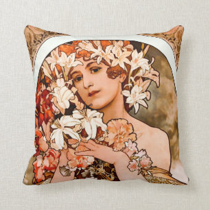 Flower, Fine Art Alphonse Mucha Throw Pillow