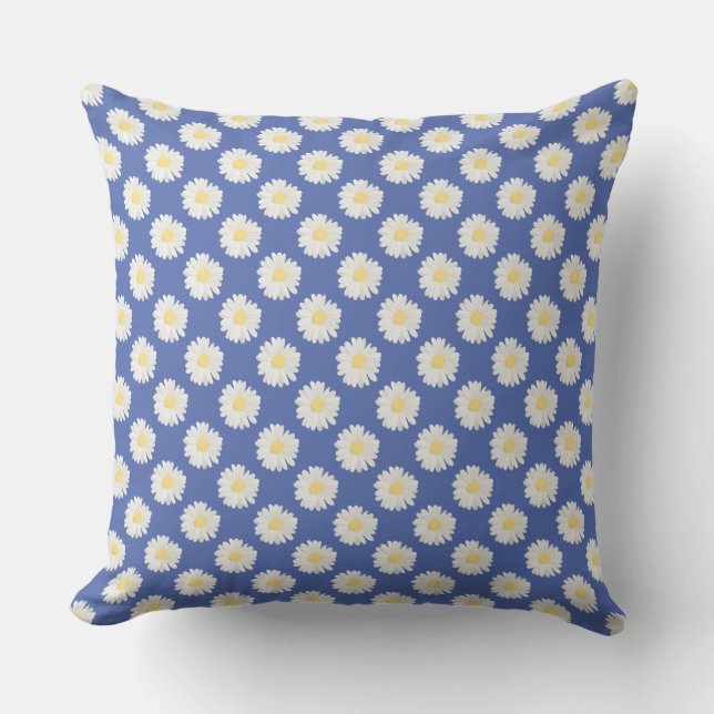 Flower floral print daisies on blue outdoor pillow (Front)
