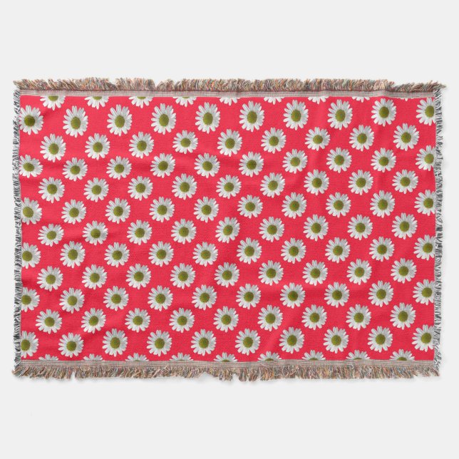 Flower floral print daisies on red pink throw blanket (Front)