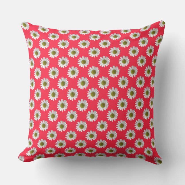 Flower floral print daisies on red pink throw pillow (Front)