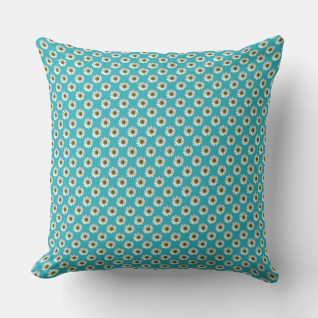 Flower floral print daisies on turquoise throw pillow (Front)
