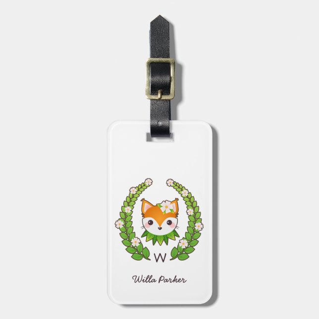 Flower Fox Name & Monogram Luggage Tag (Front Vertical)