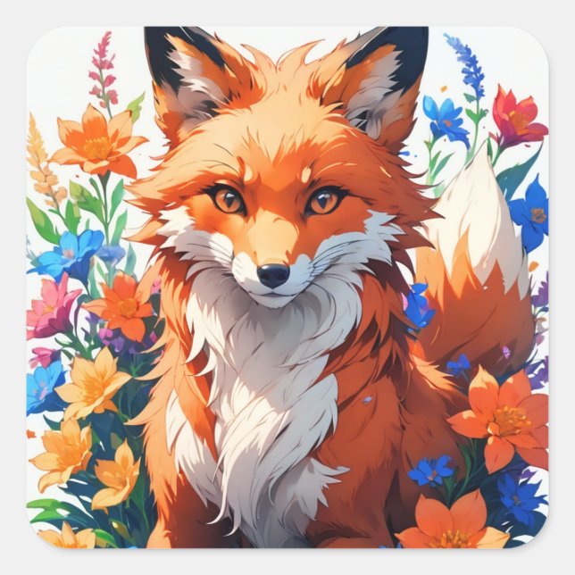 Flower Fox Square Sticker (Front)