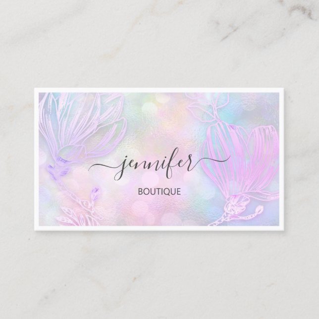  Flower Framed QR Code Custom Logo Holograph Pink Business Card (Front)