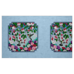 Flower Garden and Hummingbirds Blue Fabric
