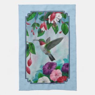 Flower Garden and Hummingbirds Blue Kitchen Towel