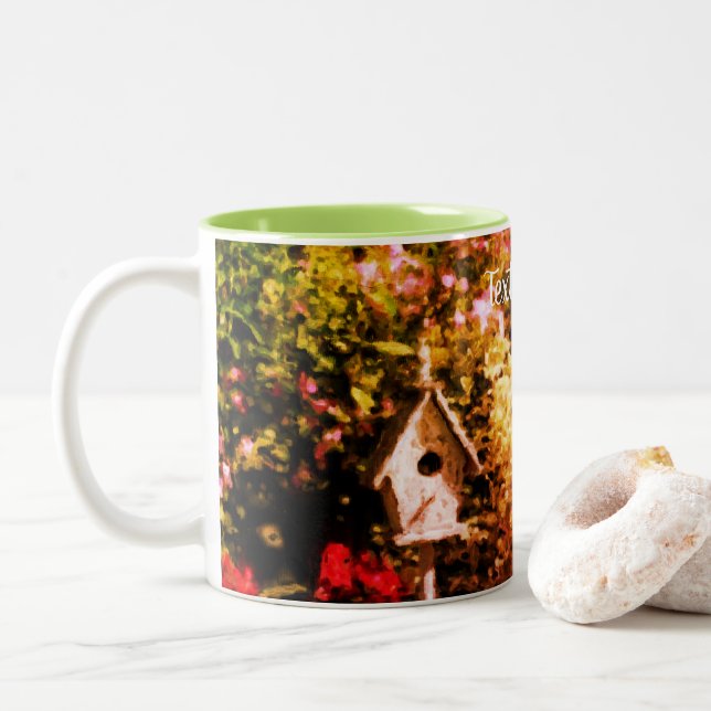 Flower Garden Bird House Art Personalized   Two-Tone Coffee Mug (With Donut)
