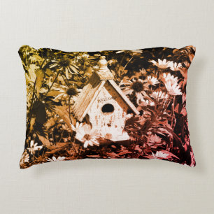 Flower Garden Bird House Black And White Vintage  Accent Pillow