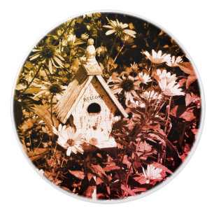Flower Garden Bird House Black And White Vintage Ceramic Knob
