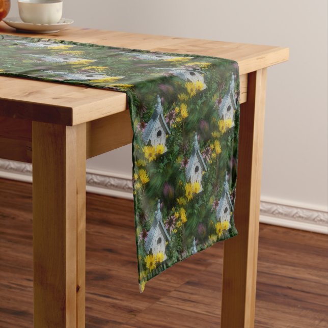 Flower Garden Bird House Nature Pattern Short Table Runner (In Situ)