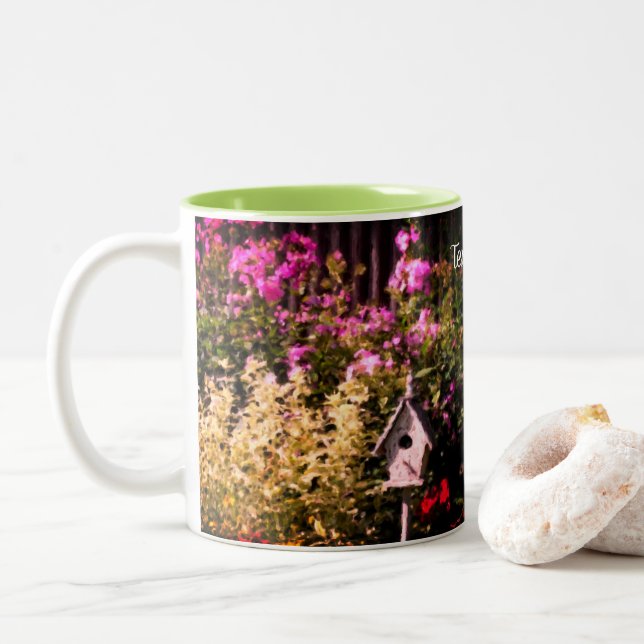 Flower Garden Bird House Painting Personalized Two-Tone Coffee Mug (With Donut)