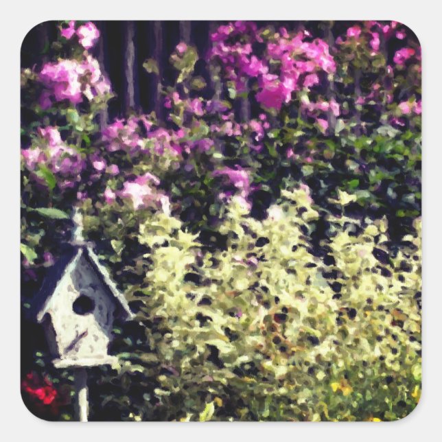 Flower Garden Birdhouse Pastel Painting  Square Sticker (Front)
