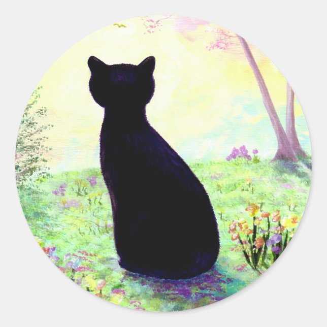 Flower Garden Floral Black Cat Creationarts Classic Round Sticker (Front)