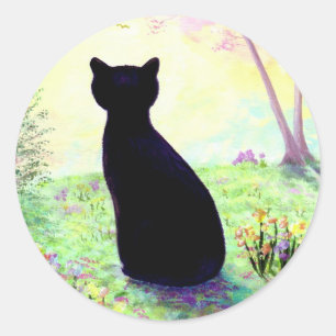 Flower Garden Floral Black Cat Creationarts Classic Round Sticker