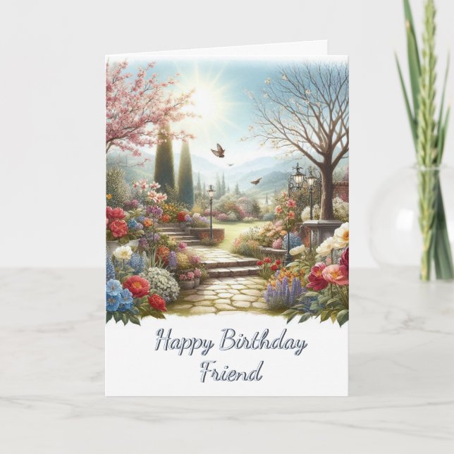 Flower Garden Happy Birthday Friend Greeting Card (Front)