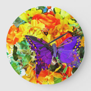 Flower Garden Purple Butterfly Wall Clock