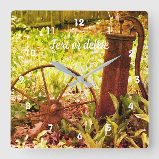 Flower Garden Rusty Wheel And Pump Art Square Wall Clock (Front)
