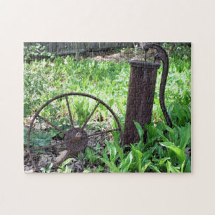 Flower Garden Rusty Wheel And Pump Jigsaw Puzzle