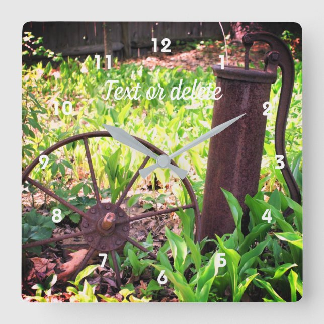 Flower Garden Rusty Wheel And Pump Personalized Square Wall Clock (Front)
