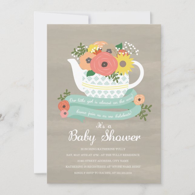 Flower Garden Teapot Baby Shower Invitation (Front)
