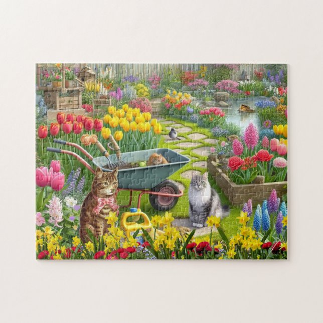 Flower Garden with Cats / Cat Lover  Jigsaw Puzzle (Horizontal)