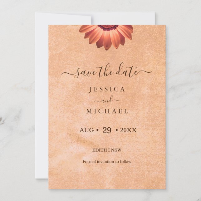 Flower Gerbera on Abstract peach Wedding Save The Date (Front)