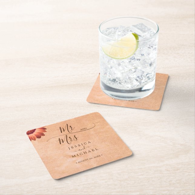 Flower Gerbera on Abstract peach Wedding Square Paper Coaster (Insitu)