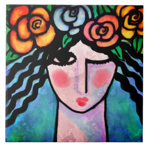Flower Girl Abstract Digital Painting Ceramic Tile