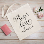 Flower Girl Black Script Personalized Wedding Tote Bag<br><div class="desc">Wedding flower girl tote bag features modern black swirling calligraphy script writing with elegant custom first name text that you can personalize. See our coordinating bridal party designs!</div>