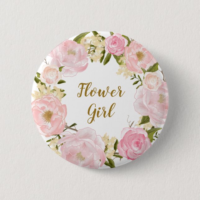 Flower Girl Blush Pink Floral Round Badge 2 Inch Round Button (Front)