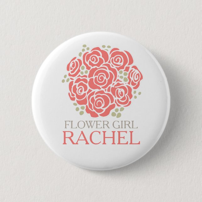 Flower girl coral posy named wedding pin button (Front)