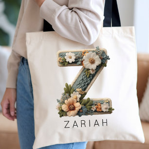Flower Girl   Custom Floral Monogram Maid of Honou Tote Bag