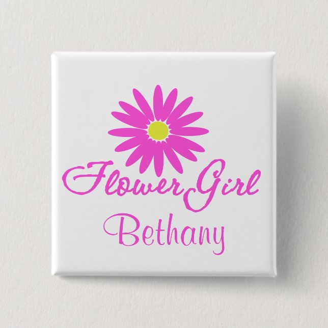 Flower Girl Daisy/ Pink 2 Inch Square Button (Front)