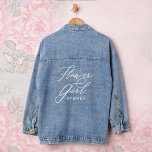 Flower Girl Elegant Script Name Wedding Party Denim Jacket<br><div class="desc">Our minimal and elegant "Flower Girl" wedding denim jacket features modern script calligraphy "Flower Girl". Designed to make heads turn on your special day. Whether you're a trendsetter bride or looking for the perfect gift for their Flower Girl, this jacket is a must-have addition to your wedding ensemble. So why...</div>