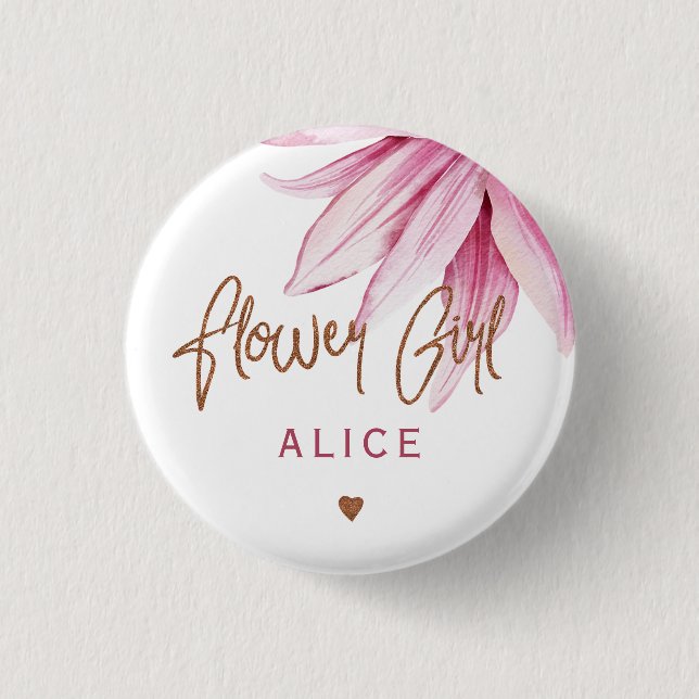 Flower girl floral pink copper bridal shower 1 inch round button (Front)