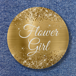 Flower Girl Glittery Gold Foil 2 Inch Round Button